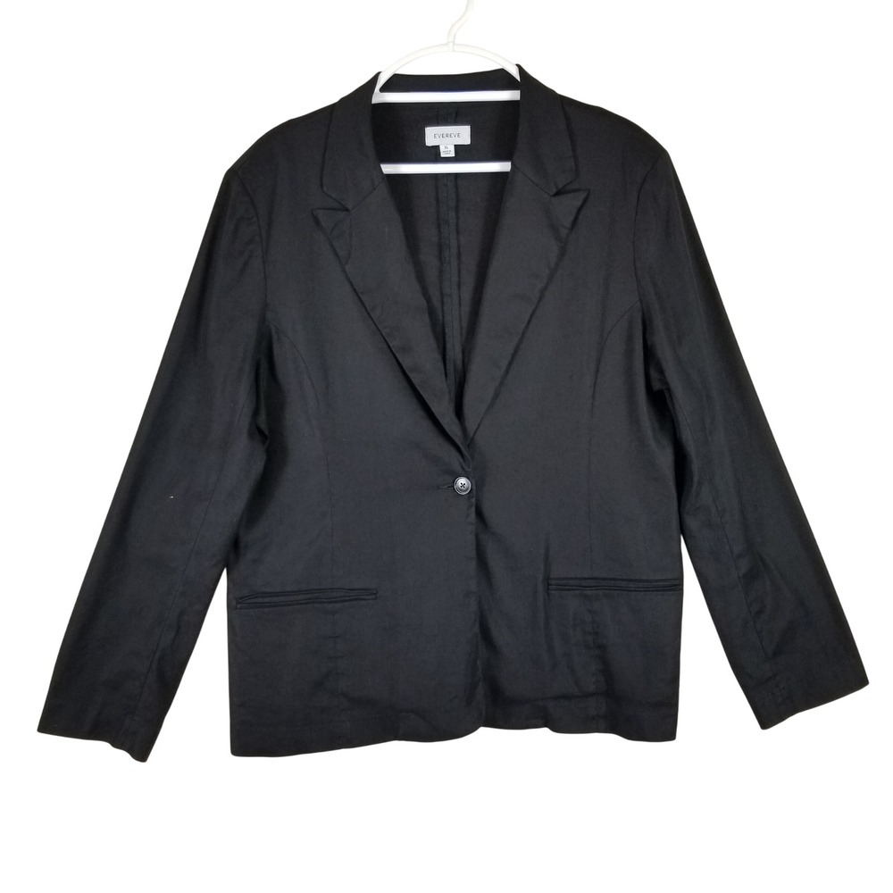 Evereve‎ Blazer Women XL Black Linen Lyocell Blend Single Button Professional